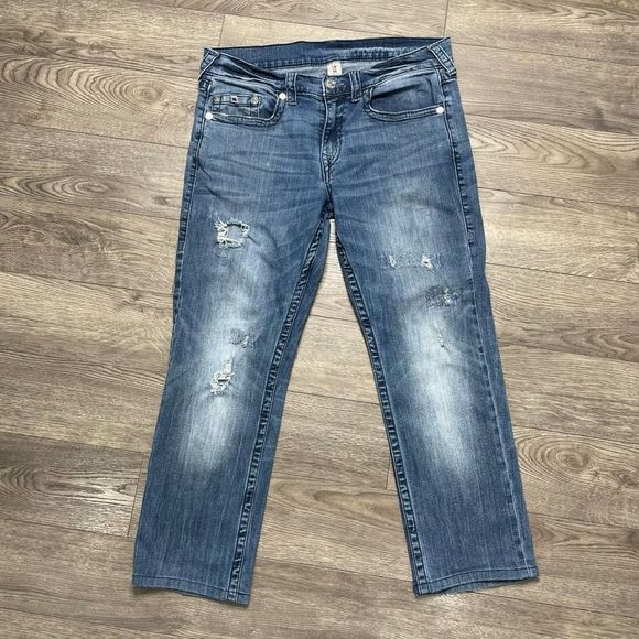 True Religion Mens Jeans Distressed Size 34 Slim Fit 27" Inseam - Picture 1 of 14